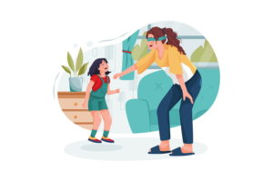 Ilustracion de madre con los ojso tapados jugando a encontrar a la hija