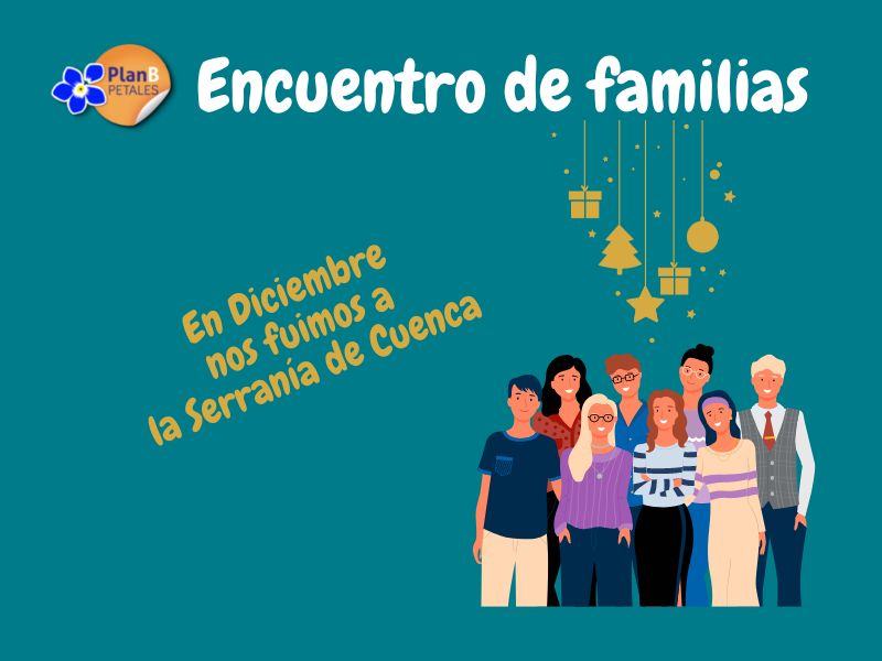 Cartel de encentro de familias en Mavidad con dibujos navideños y de varias personas y logo de Petales